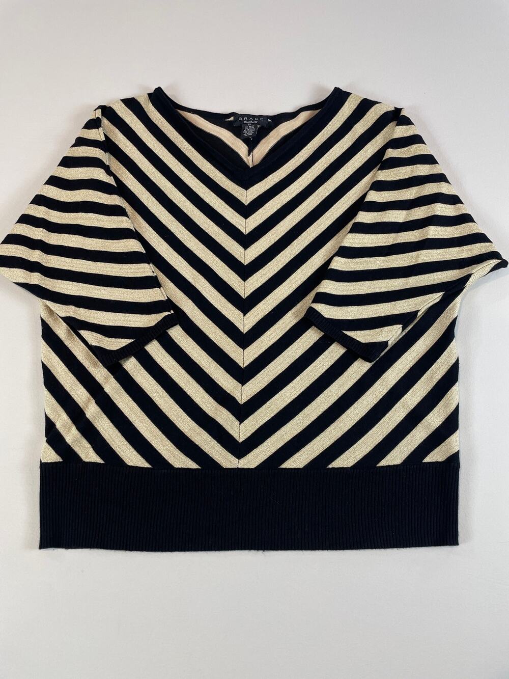 Grace Size XL Black & Beige Chevron Lightweight Knit Sweater 3/4 Sleeves